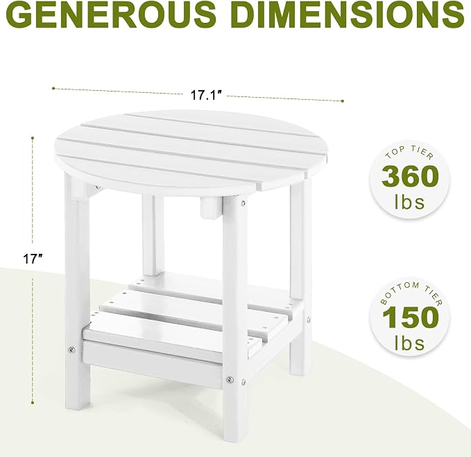 Adirondack Outdoor Side Tables, 2-Tier Round Outdoor Table, Weather Resistant HDPE Patio End Table for Garden, Lawn, Pool, Beach, Porch, Deck, Backyard - White
