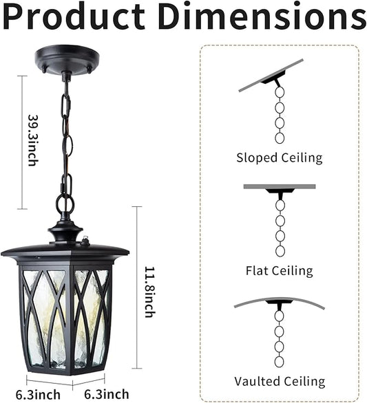 JYZ Dusk to Dawn Outdoor Pendant Lantern, 12 Inch Craftsman Style Exterior Hanging Light with Water Ripple Glass, Traditional Outdoor Chandelier for Front Porch Patio Garden Gazebo Pergola