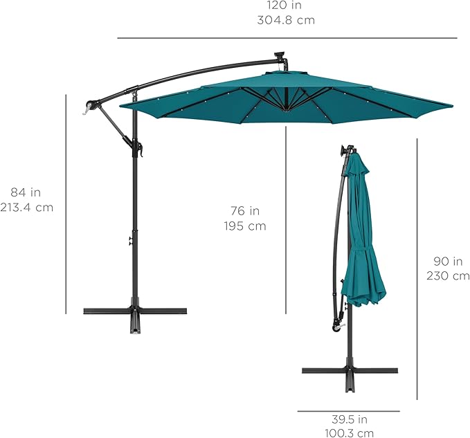 Best Choice Products 10ft Solar LED Offset Hanging Market Patio Umbrella for Backyard, Poolside, Lawn and Garden w/Easy Tilt Adjustment, Polyester Shade, 8 Ribs - Cerulean