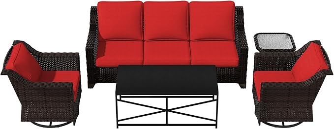 Vista Vibe 5 Pieces Outdoor Rattan Patio Conversation Furniture Set - 78" 3-Seat Sofa | 2 Swivel Glider Rocker Chairs | Wicker End Table | Metal Table, Upholstered Loveseat, Deck (Brown/Red)