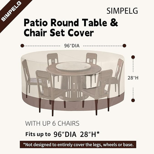 Round Patio Furniture Cover 60 Inch Waterproof, Heavy Duty UV Protection Outdoor Chair Covers for All Seasons, Durable Weatherproof Patio Table Covers with Tie (Beige & Brown,96" DIAx28 H)