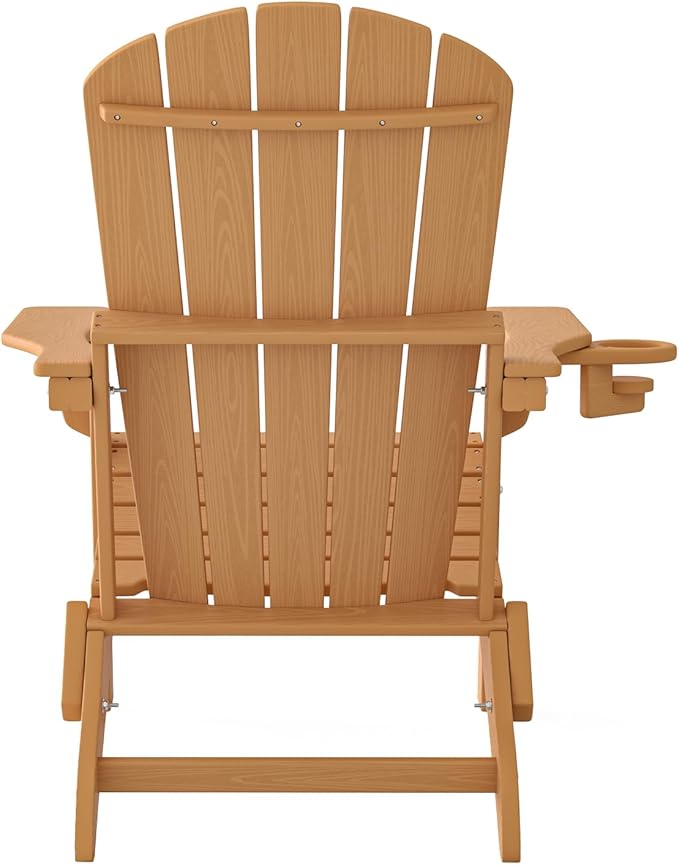 Plawdlik Folding Adirondack Chair, SGS Tested, Wooden Textured with Cup Holder, Heavy All-Weather HDPE Comfortable Set Poolside Backyard Lawn Teak