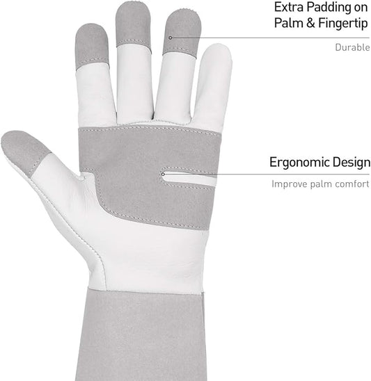 HANDLANDY Long Gardening Gloves for Men & Women, Thorn Proof Rose Pruning Gloves Leather Gauntlets Garden Glove Yard Work Glove (Small, Grey)