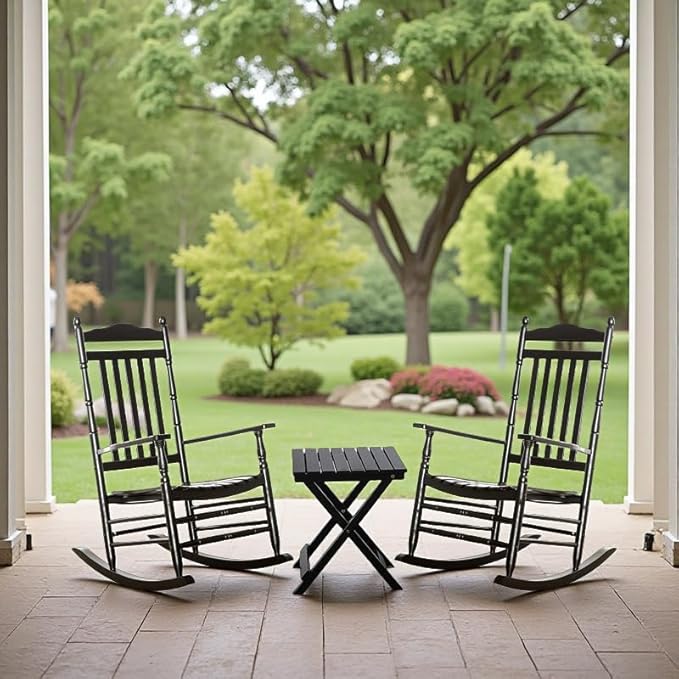 Outdoor Patio Rocking Chairs Folding Side Table Set of 3 Piece Porch Wooden Rockers Small Foldable End Table Furniture Indoor Outside Camping Balcony Garden Lawn and Bistro, Black