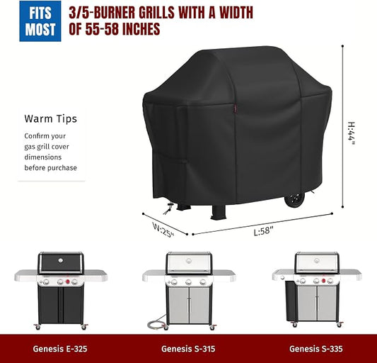 SHINESTAR 58 Inch Grill Cover for Weber Genesis II 300 Series & Genesis 300 Series, Heavy Duty Oxford Fabric BBQ Cover Waterproof UV Protection, Windproof with Magic Tape & Drawstring Bottom