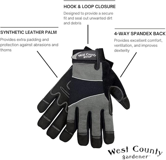 West Chester Protective Gear 013C/M Men's West County Gardener Gloves – Medium, Charcoal, Work Gloves with Four-Way Spandex Backing, Adjustable Cuff