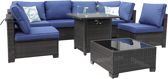 8 Pieces Patio Furniture Set with 28" Fire Pit Table, Wicker Outdoor Sectional Couch, Rattan Conversation Set for Backyard, Deck, Garden Lawn, Brown/Blue
