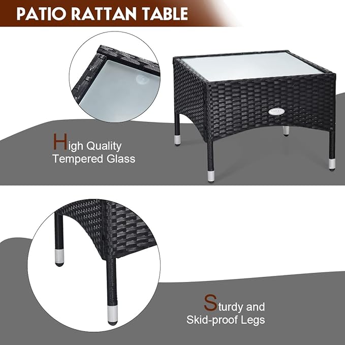 COSTWAY 3 PCS Patio Wicker Conversation Set, PE Rattan Sofa with Tempered Glass Coffee Table, 2 Chairs, 2 Cushions, Outdoor Patio Furniture Set for Yard Porch Bistro Balcony Backyard Pool, Red