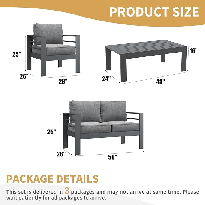 LayinSun Outdoor Aluminum Furniture Set, 4 Pieces Patio Sectional Conversation Chat Sofa Modern Seating Set with Coffee Table