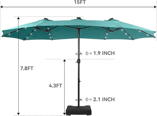 GREEN PARTY 15 ft Rectangle Patio Umbrella with Solar Lights and Base Included, Double-Sided Market Table Umbrella with Crank, Large Outdoor Umbrellas for Patio Poolside Garden Backyard, Turquoise
