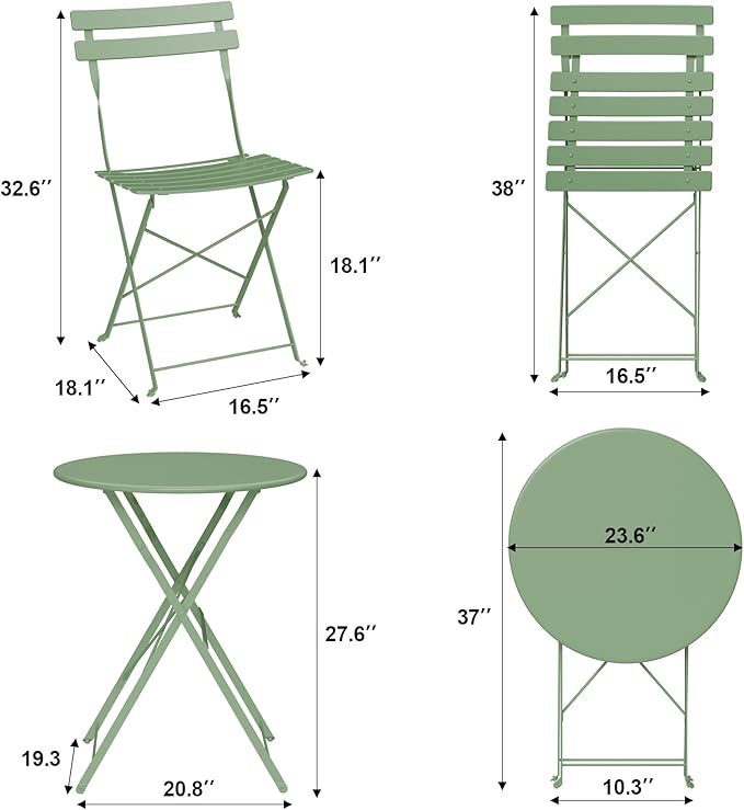 GarveeLife 3-Piece Folding Bistro Set, Foldable Patio Furniture Set with Premium Frame, Outdoor Bistro Table and Chairs Set of 2 for Patio, Garden and Balcony, Green