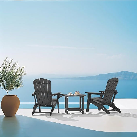 Plawdlik Folding Adirondack Chair, SGS Tested, Wooden Textured with Cup Holder, Heavy All-Weather HDPE Comfortable Set Poolside Backyard Lawn Grey