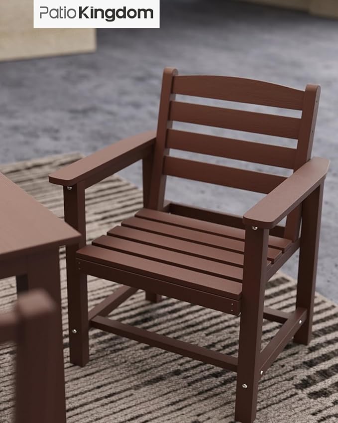 7-Piece Coffee HDPE Patio Table and Chairs Set, Weather Resistant Outdoor HDPE Dining Table Sets with Umbrella Hole for Lawn, Garden, Deck, Poolside, Balcony