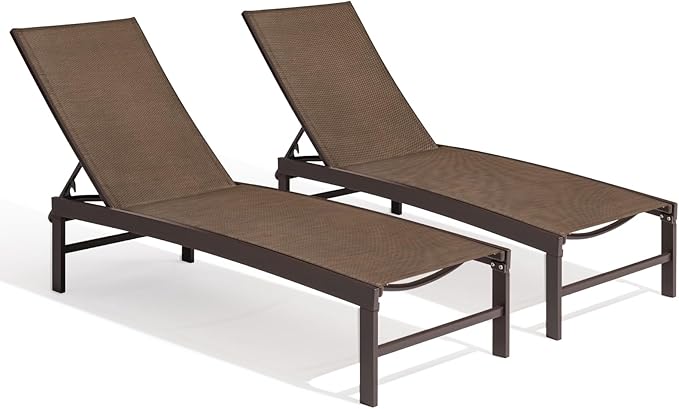 Crestlive Products Lounge Chair Outdoor Set of 2, Aluminum Pool Chaise Lounge Chairs, Adjustable Five-Position Tanning Recliner, All Weather for Patio, Beach, Yard, Pool (Brown)