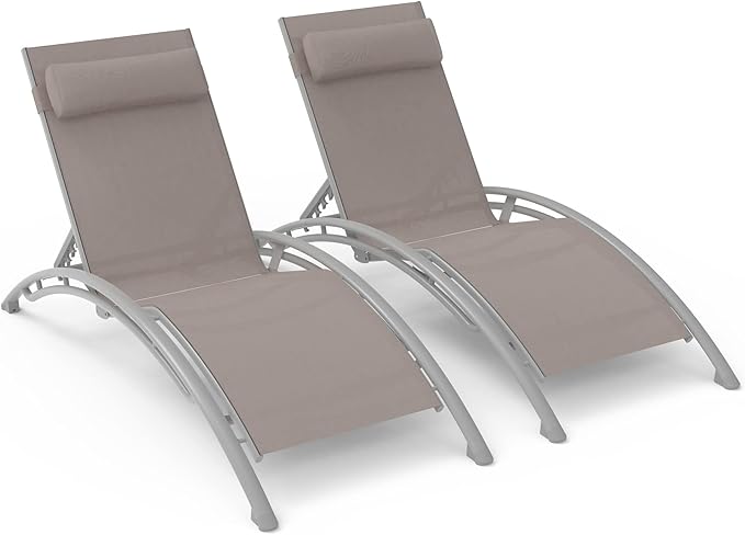 Domi Outdoor Chaise Lounge Set of 2 Patio Recliner Chairs with Adjustable Backrest and Removable Pillow for Indoor&Outdoor Beach Pool Sunbathing Lawn Khaki