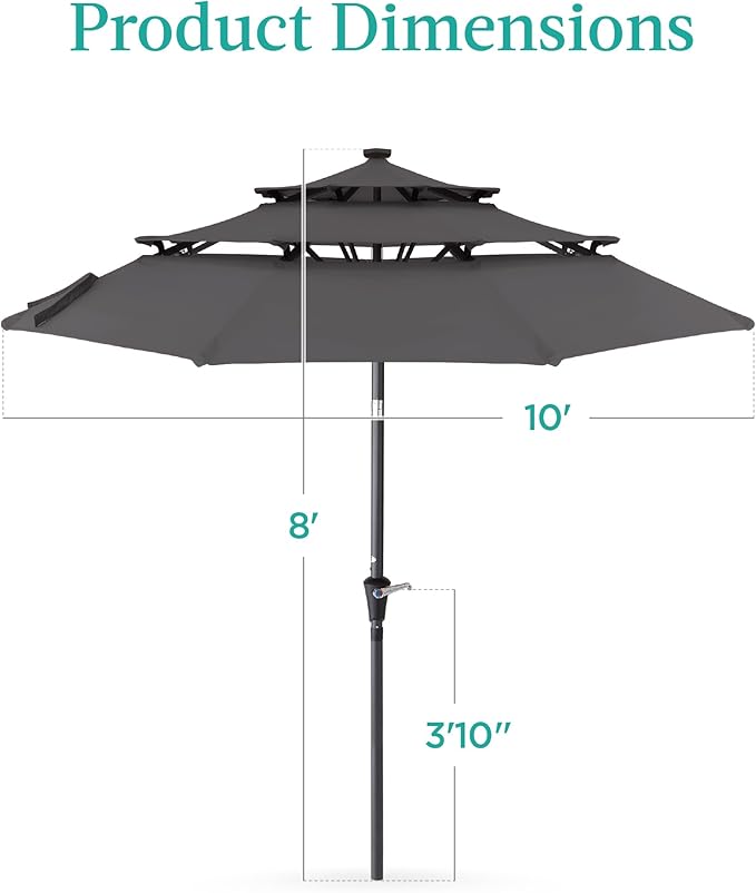Best Choice Products 10ft 3-Tier Solar Patio Umbrella, Outdoor Market Sun Shade for Backyard, Deck, Poolside w/ 24 LED Lights, Tilt Adjustment, Easy Crank, 8 Ribs - Gray
