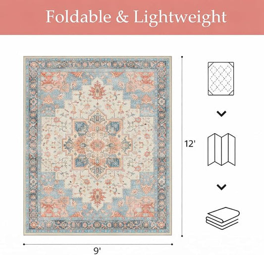 GENIMO Outdoor & Indoor Area Rug 9'x12', Waterproof, Non-Shedding, Easy Cleaning, Boho Mat for Patio, Living Room, Balcony, Dining Room, RV, Deck, Bedroom, Camping, Outside Carpet,Blue Salmon