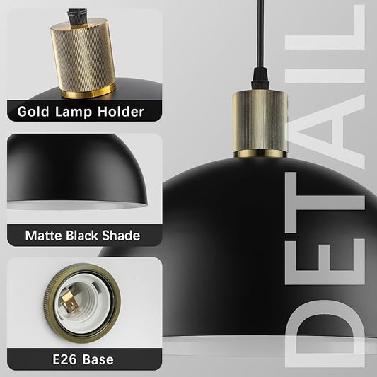 Black Pendant Lights Kitchen Island 3 Pack, 11.8" Modern Black and Gold Pendant Light Fixtures Dome Farmhouse Hanging Lights for Sink Dining Room Hallway Entryway