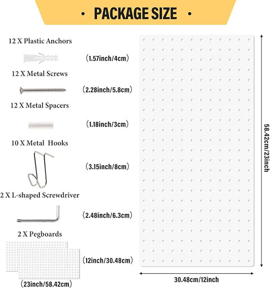 DEWEL Peg Board, 23" x 12" Peg Board Tool Organizer Panel Set, 2 Pack Metal Pegboard Panels with Accessories, Heavy Duty Pegboard for Walls Home, Garage, Office, Craft Room, Kitchen(2pcs white)