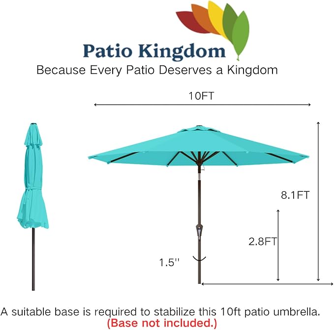 10FT Patio Umbrella Outdoor Market Umbrella with Crank and Tilt, 8 Flexible Fiberglass Ribs, UV-Resistant Waterproof Canopy for Patio, Deck, Garden, Backyard, Aqua Blue