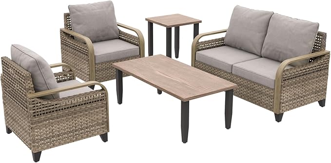 COOS BAY Modern Wicker Outdoor Furniture Set, Patio Conversation Set with Patio Chairs, 2 Seat Loveseat, Coffee Table and Side Table, 5 Piece, Brown/Gray