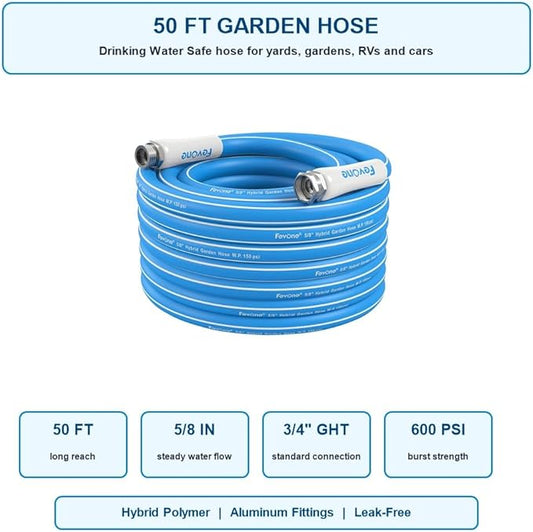 FEVONE 50 ft x 5/8 in Garden Hose, Drinking Water Safe Flexible Water Hose, Heavy Duty Hybrid Polymer Hose, Kink-Resistant, 3/4 in GHT Aluminum Fittings, Leak-Free, 600 PSI