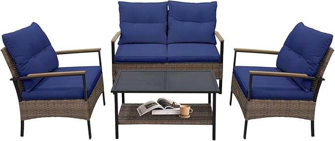 COOS BAY Sunset Haven Outdoor Patio Furniture Set, Outdoor Conversation Set, Rattan Wicker Sofa, Loveseat, 2 Patio Chairs and Coffee Table, Brown/Blue