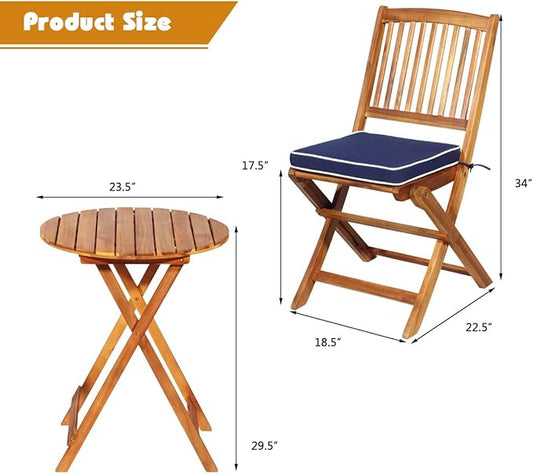 Giantex 3Pcs Patio Bistro Set, Wood Folding Table Set, 2 Cushioned Chairs for Garden Yard, Outdoor Furniture Round Table (Natural & Navy Blue)