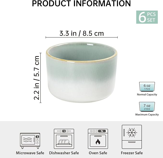 Ramekin Set, UNICASA 8 oz Creme Brulee Ramekins, Oven Safe Baking Set for Custard, Pudding, Souffle Cups, Reactive Gray (Light Blue, 6oz x 6pc)