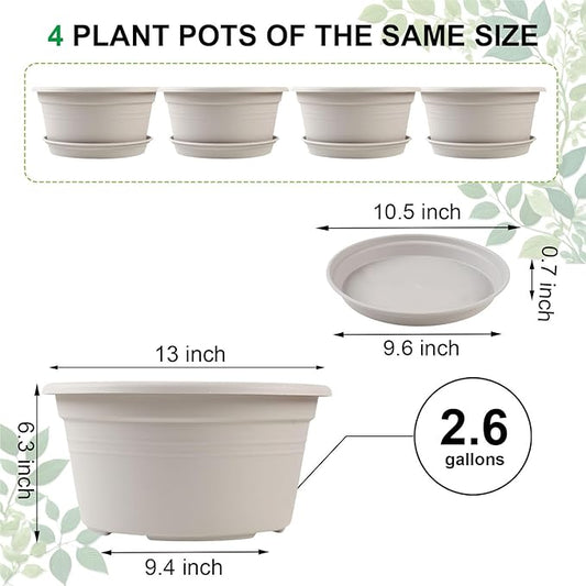Large 4 Pack 13 inch Plant Pots, Round Plastic Pots for Plants, Outdoor Planters with Drainage Hole & Tray Saucer, Decoration Large Flower Pots for Indoor Outdoor Garden Home Plants (Gray White)