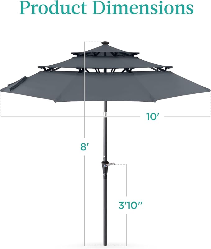 Best Choice Products 10ft 3-Tier Solar Patio Umbrella, Outdoor Market Sun Shade for Backyard, Deck, Poolside w/ 24 LED Lights, Tilt Adjustment, Easy Crank, 8 Ribs - Slate
