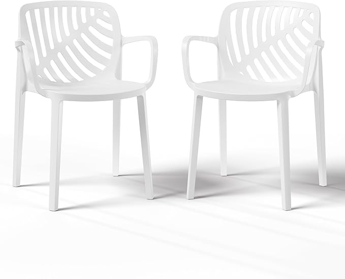 Costaelm 4 Person Dining Table Set, HDPE Patio Round Dining Table and Stackable Chair, Kitchen & Dining Room Sets All Weather for Backyard Porch Poolside, White