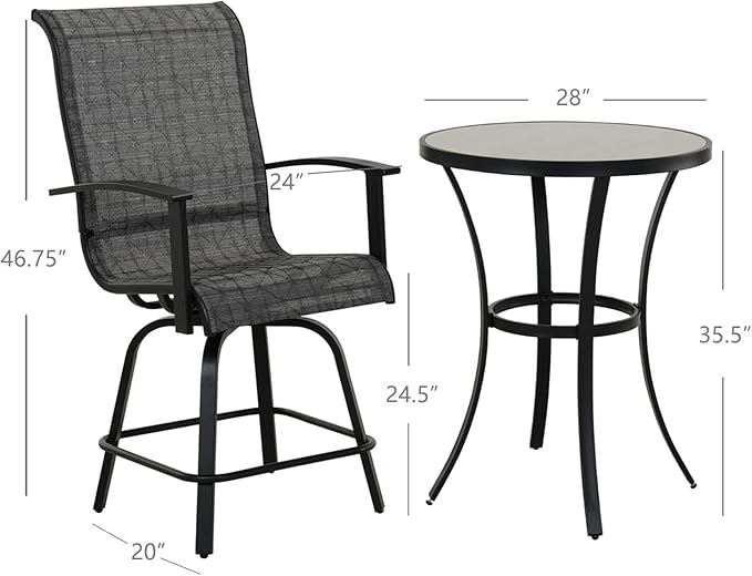 Grand patio 3 Piece Counter Height Patio Bar Set, Modern Round Bar Table and Swivel Bar Stools for Outdoor Kitchen Bistro Small Space Restaurant (Black&Grey Plaid, 3PC)