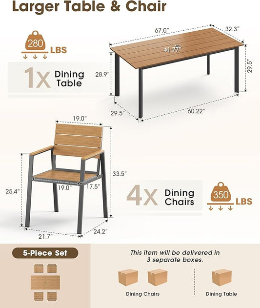 Outdoor Patio Dining Sets, Aluminum&HDPE 5 Piece Dining Table Set with Umbrella Hole, Modern Rectangular Patio Furniture Set with All-Weather Table and 4 Chairs (Gray & Teak)