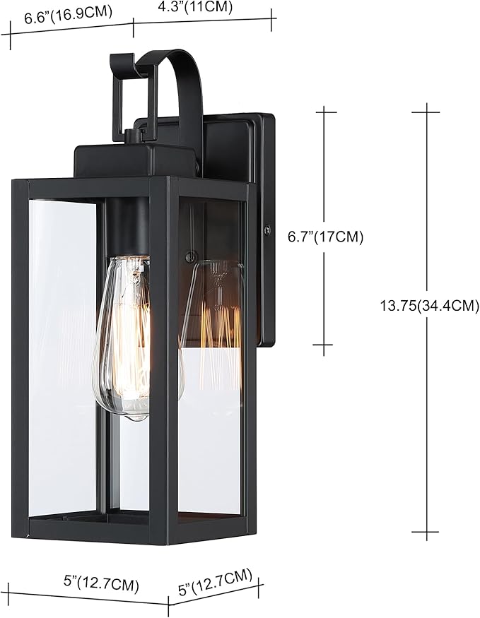 WISBEAM Black 13.7in Outdoor Wall Lantern for House, Black Outdoor Porch Sconce Light Fixture, E26 Base 60W Max, Metal Housing Plus Glass, ETL Qualified, Bulbs not Included