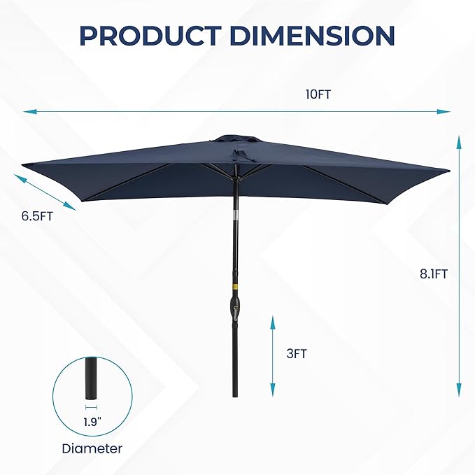 SUNVIVI OUTDOOR Patio Umbrella, Rectangular Patio Umbrella, Metal Pole Square Outdoor Umbrella with Crank and Push Button Tilt, Large Outdoor Umbrella with Polyester Canopy
