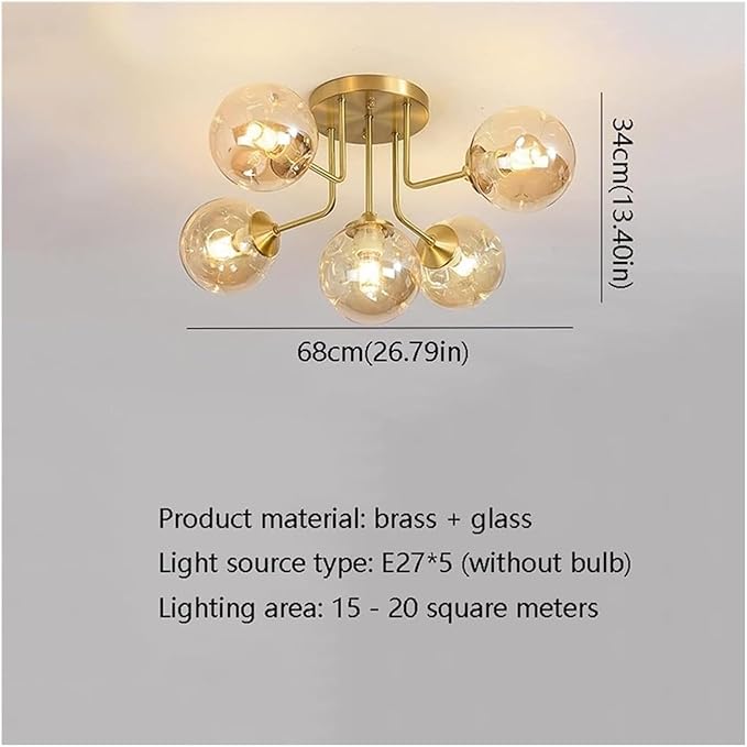 Antique Brass Globe Chandelier 5 Lights Sputnik Ceiling Light with Smoke Grey Amber Glass, Semi Flush Ceiling Fixture. Bubble Ball Kitchen Ceiling Lamp,Soft Light
