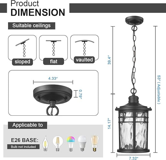 Darkaway Large Outdoor Pendant Lights for Porch, 15inch Outdoor Chandelier Hanging Porch Lights Outside Ceiling Mount Aluminum with Water Ripple Glass for Front Porch Gazebo Patio