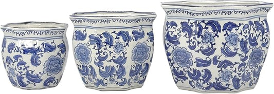 Galt International Blue & White Round Fluted Classic Floral Porcelain Ceramic Plant Flower Planter Pot Set of 3 (7.5", 10", 13") Garden Pots Chinese Asian Design