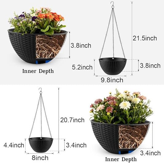 Hanging Planters for Indoor Outdoor Plants 8 and 10 Inch, 4 Packs Plant Hanger with Drainage Holes, Hanging Basket Flower Pot Perfect for Home, Office and Garden, Black