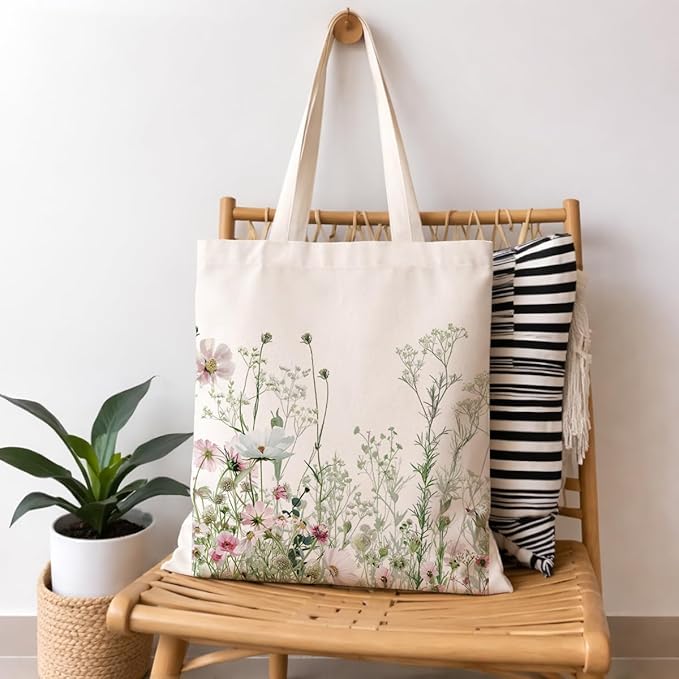 Floral Canvas Tote, Women Weekend Bags, Reusable Grocery Canvas Bag, Large Two Sided Printing Tote Bags