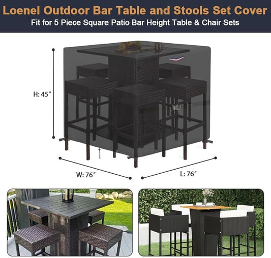 Outdoor Dining Table Cover, Waterproof Outdoor Patio Table Cover Patio Bar Set Covers for 5-Piece Tall Square Bistro Tables & Chairs Set- 76"L x 76"W x 45"H