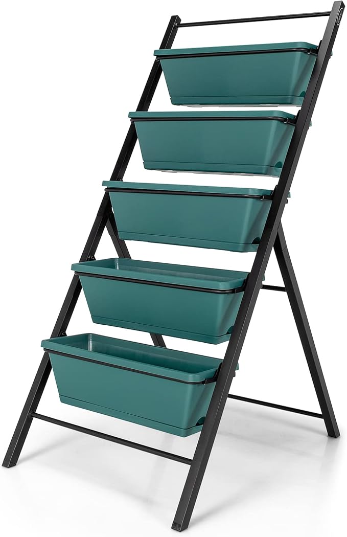Giantex Vertical Planter Raised Bed, Elevated Garden Beds with Water Drainage Hole, Freestanding 5 Container Boxes for Herb Vegetables Flowers Growing, Outdoor Indoor Patio Balcony (Green, 1)