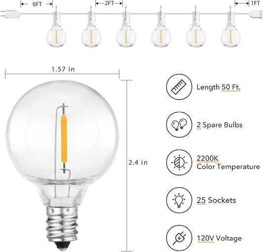 Brightown Outdoor String Lights - 50 Ft Waterproof Connectable Commercial LED Patio Lights with 25 G40 Globe Bulbs, All Weatherproof Hanging Globe Light for Outside Backyard Porch Party Decoration