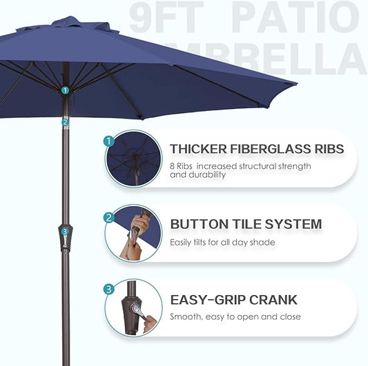 PatioKingdom 9FT Patio Outdoor Umbrella-UPF 50+ Sun Shade with Wind Vent, Push-Button Tilt & Smooth Crank Lift, Rust-Resistant Fiberglass Frame for Garden, Backyard,Yard (Navy, 9FT)