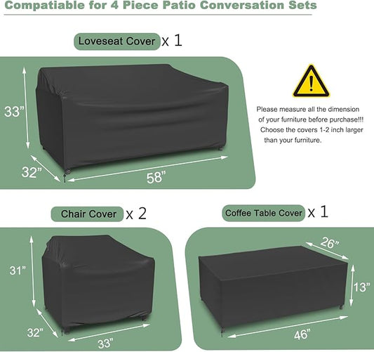 Gasadar 4-Piece Patio Furniture Covers Set, Waterproof Outdoor Furniture Set Covers for Outdoor Loveseat, Chair and Coffee Table, Black