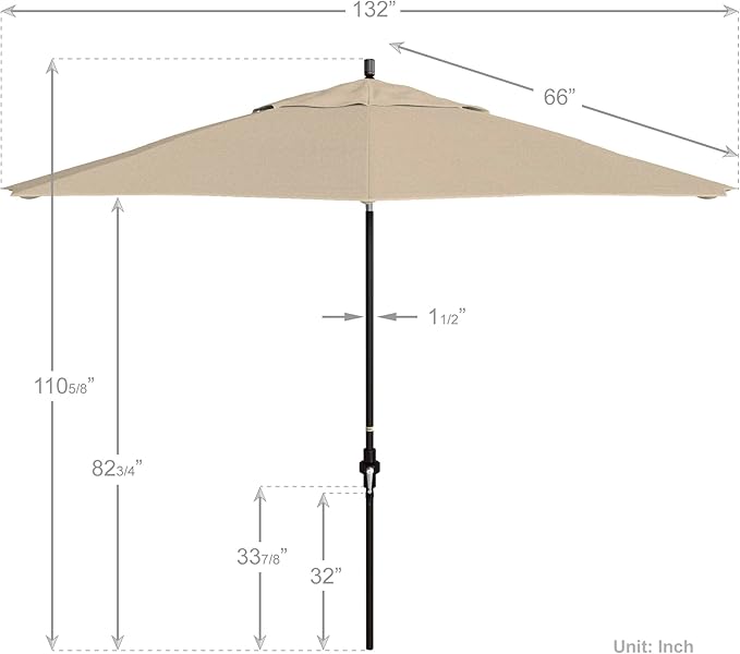 California Umbrella 11Ft Premium Patio Umbrella, Hand-Crank, Tilt-Collar, Bronze Frame, Solution Dyed Beige Fabric