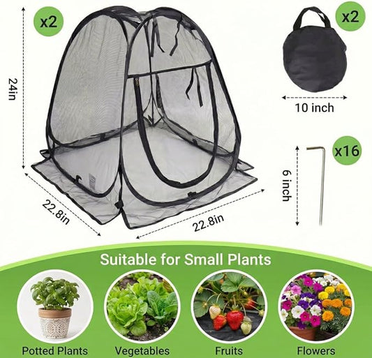 Plant Covers Pop up Gardening Net Cover,Insect Bird Barrier Netting Mesh Plant Netting Pest Guard Cover with Zip Entry for Plants, 2-Pack, Black (Black- 2 Packs)