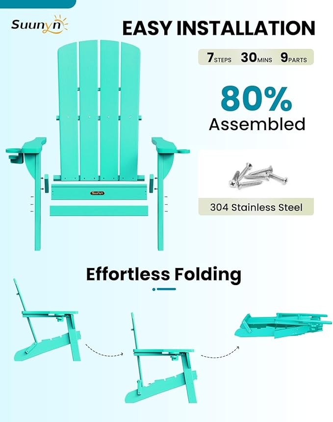 Folding Adirondack Chair 2 Pack, HDPE All-Weather Fire Pit Chairs, Plastic Adirondack Chairs with 2 Cup Holder, Outdoor Lawn Chair for Patio Garden - Lake Blue