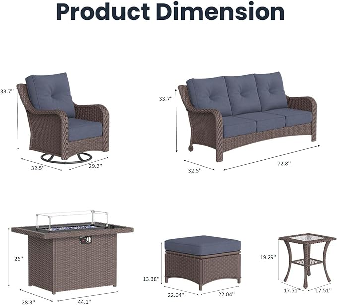 7 Pieces Outdoor Patio Furniture Sets with Rocking Swivel Chairs with 6-inch Thick Cushion and Fire Pit Table for Deck Lawn